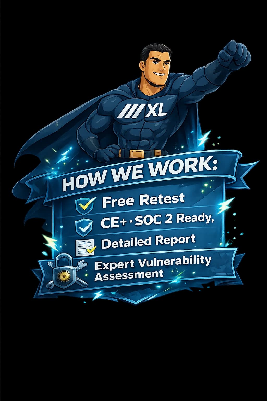 How we work — free retest, CE+ and SOC 2 ready reporting, detailed reports and expert vulnerability assessment